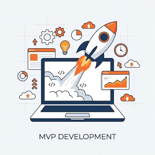 Illustration of a rocket launching from a laptop, surrounded by UI elements representing fast MVP development.